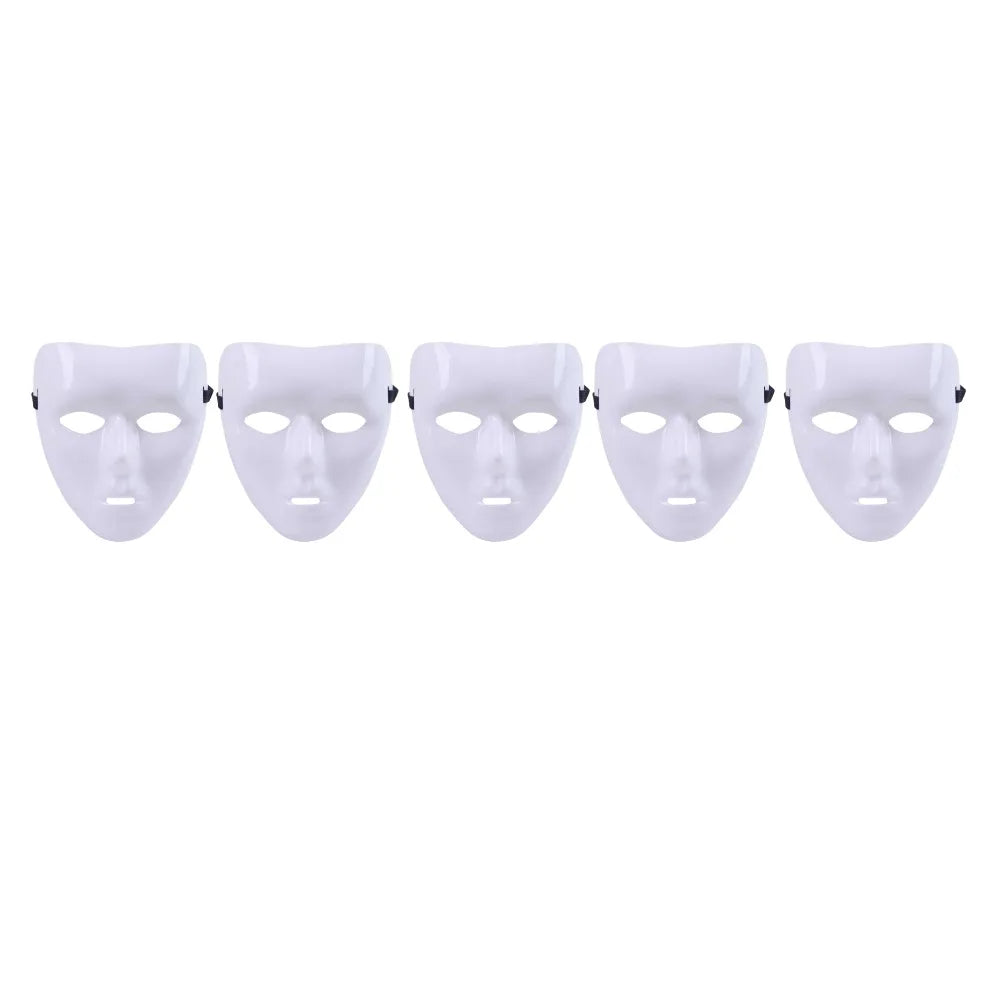 A set of five white performance masks for dance, cosplay, and Halloween