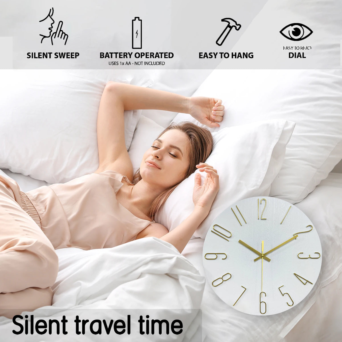 A woman is resting in bed with a modern wall clock on the bedside table, illustrating silent travel time.
