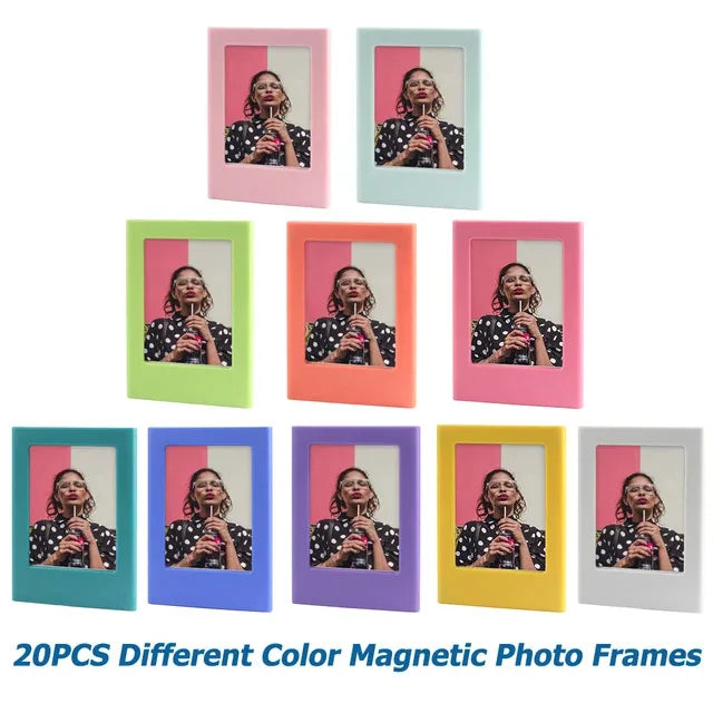 A collection of 20 different colored magnetic photo frames for displaying Instax mini film.