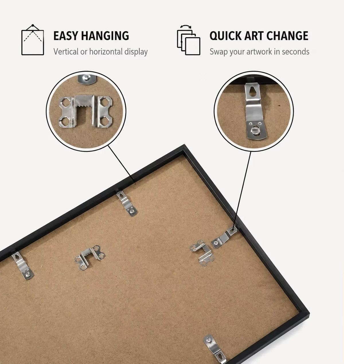 A photo display frame with aluminum hanging hardware and a quick art change mechanism.