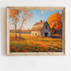 Oil painting of an autumn field landscape featuring a rustic stone house surrounded by vibrant orange and yellow foliage.