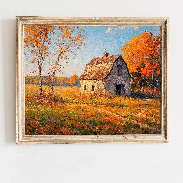 Oil painting of an autumn field landscape featuring a rustic stone house surrounded by vibrant orange and yellow foliage.