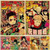 A collection of anime kraft paper posters featuring characters from JoJo, Jujutsu Kaisen, and Demon Slayer.