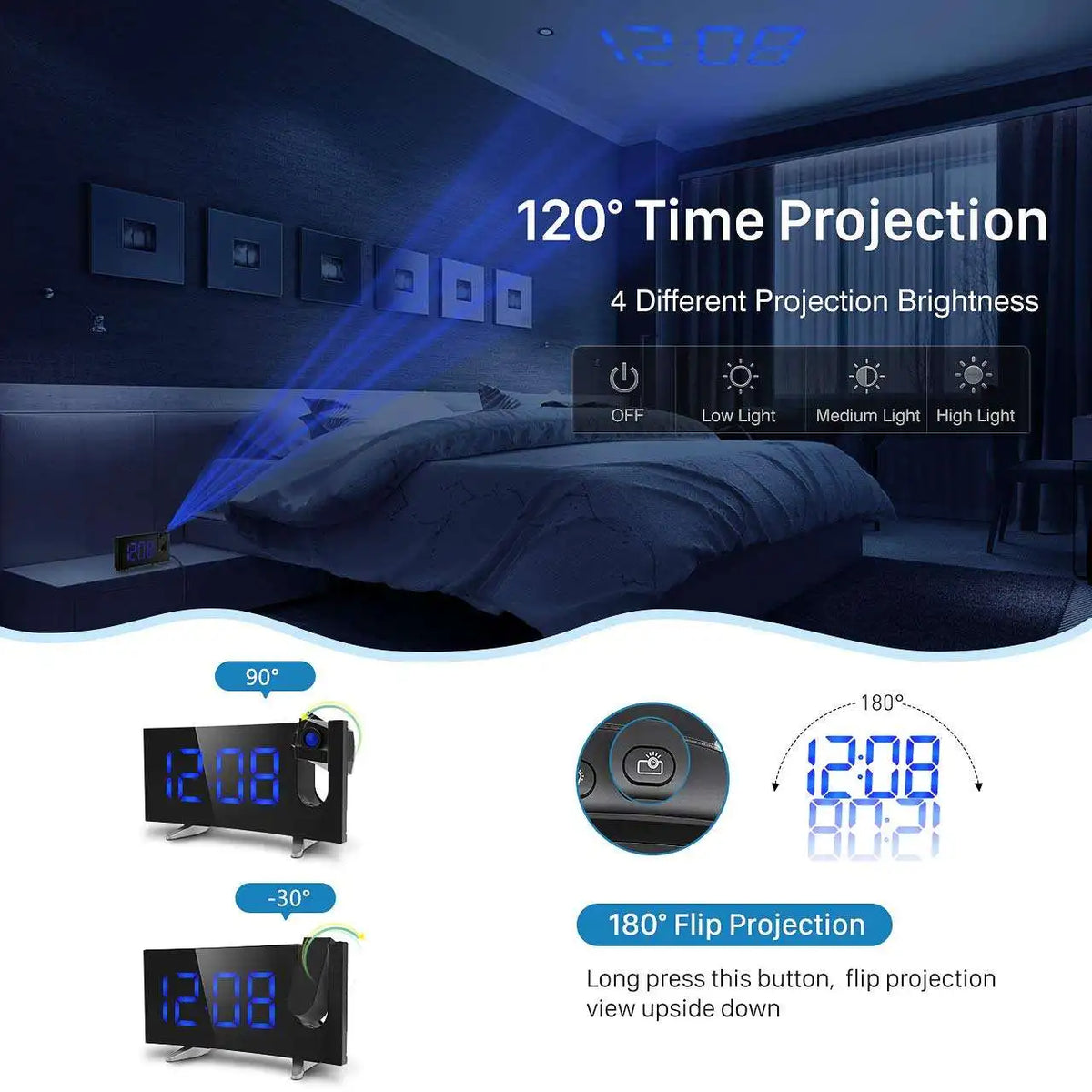 Projection alarm clock with 120 degree time projection and 180 degree flip projection features