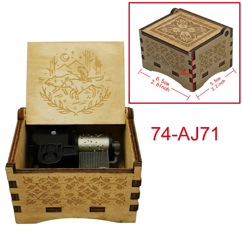 A wooden music box with a lid featuring an illustration of a figure and foliage, shown next to its disassembled components.