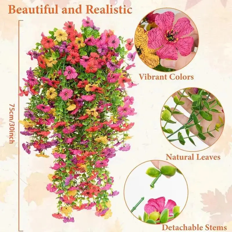 A vibrant artificial flower vine featuring natural leaves and detachable stems, suitable for home and event décor.