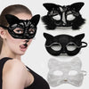 A collection of black lace half-face masks with faux fur trim and a white lace mask displayed against a white background.