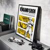 A framed poster featuring a yellow-toned illustration of a character from Vinland Saga with bold text.