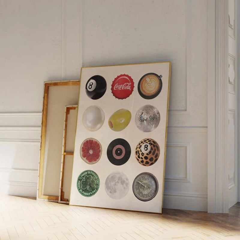 A framed collage of various vintage 8 ball designs and Coca-Cola logos on a canvas wall art poster.