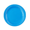 A bright blue disposable plate with a ruffled edge.