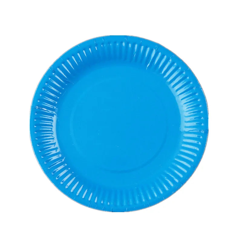A bright blue disposable plate with a ruffled edge.