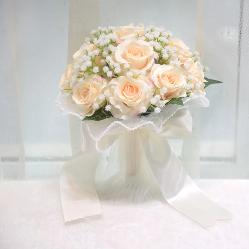 Elegant Silk Rose Bridal Bouquet with Baby's Breath