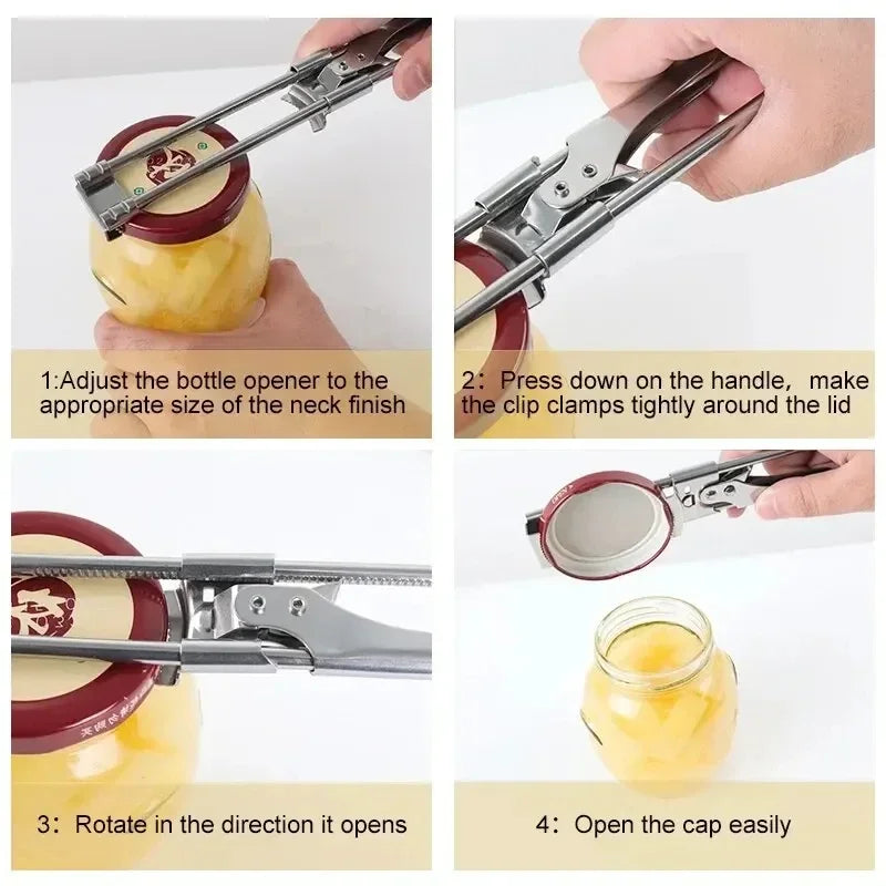 Instructions showing how to use a heavy duty stainless steel bottle opener to open a jar.