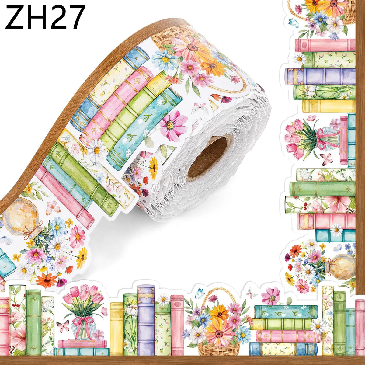 Roll of decorative sticker paper featuring colorful wildflowers and stacked books for a bookshelf border