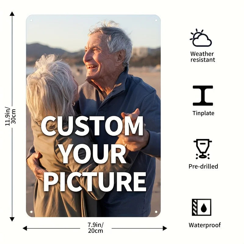 A man and a woman smiling while looking at a custom photo metal sign with weather resistant and waterproof features.