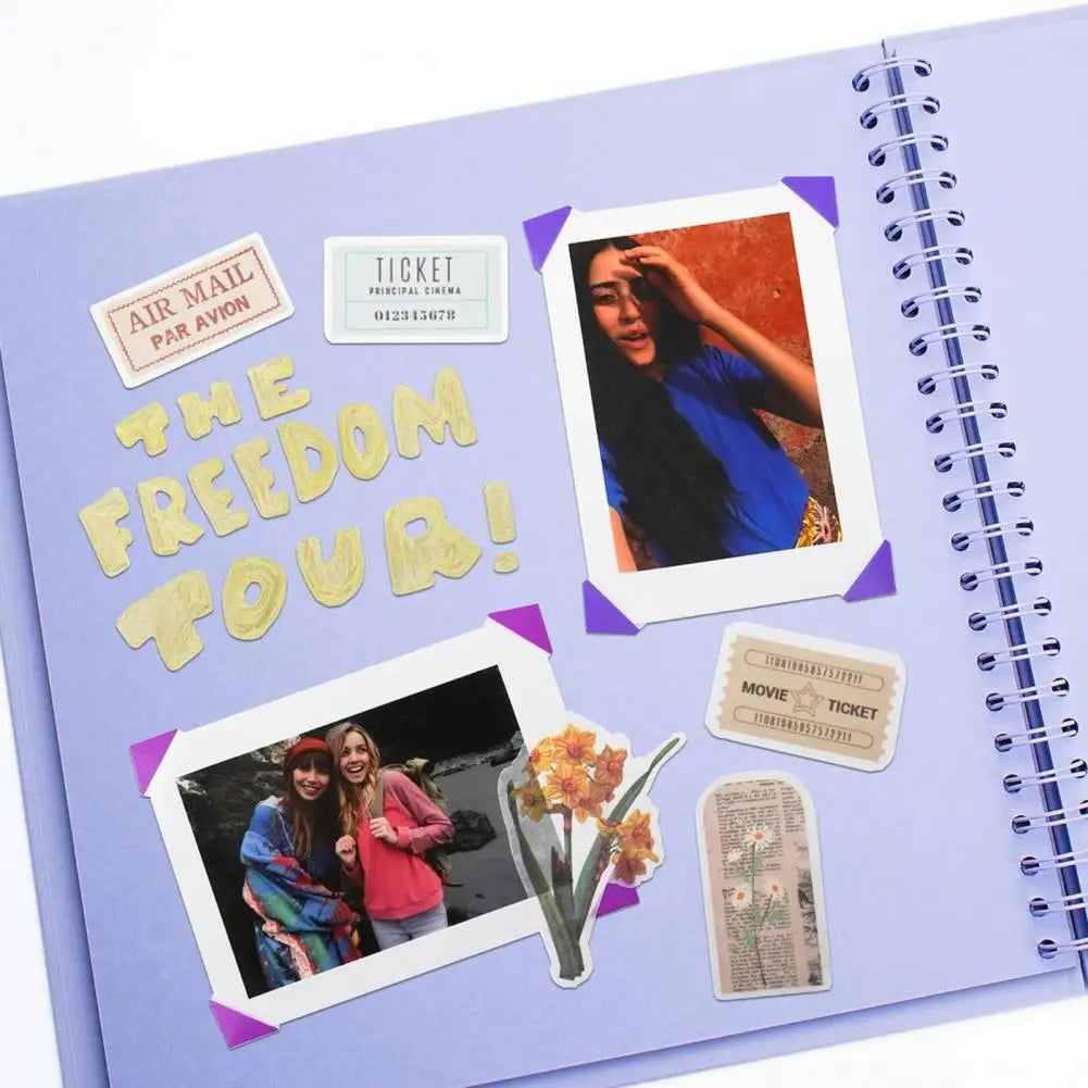 A purple scrapbook page featuring photos, tickets, and decorative elements for a freedom tour theme.