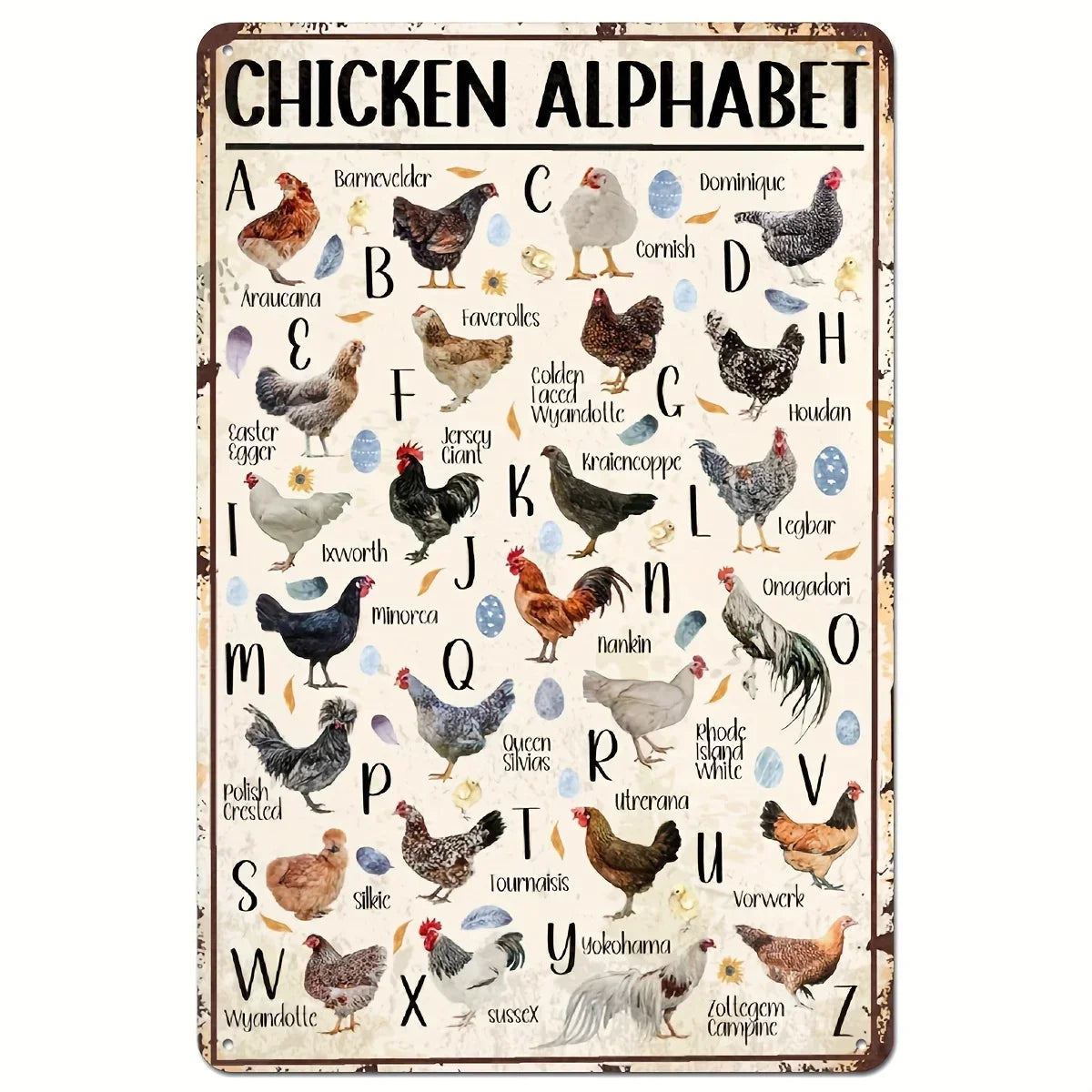 Vintage Bauernhofschild mit dem Alphabet, dargestellt durch verschiedene Hühnerillustrationen.