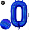 A large, shiny blue foil number balloon shaped like the digit zero.