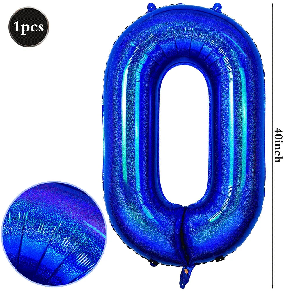 A large, shiny blue foil number balloon shaped like the digit zero.
