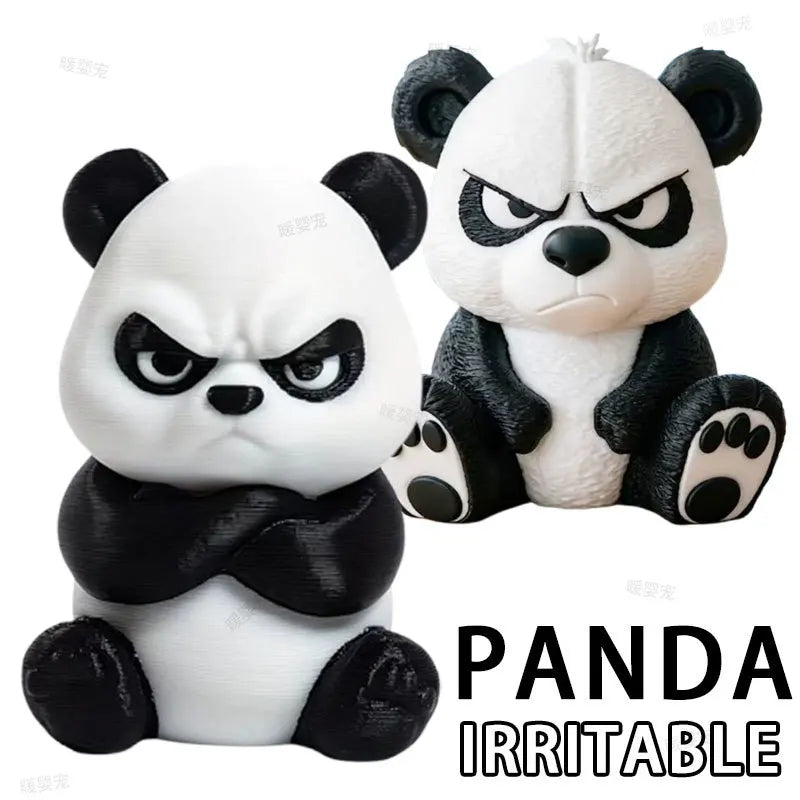 A white and black panda figurine with an angry expression sitting on a surface.