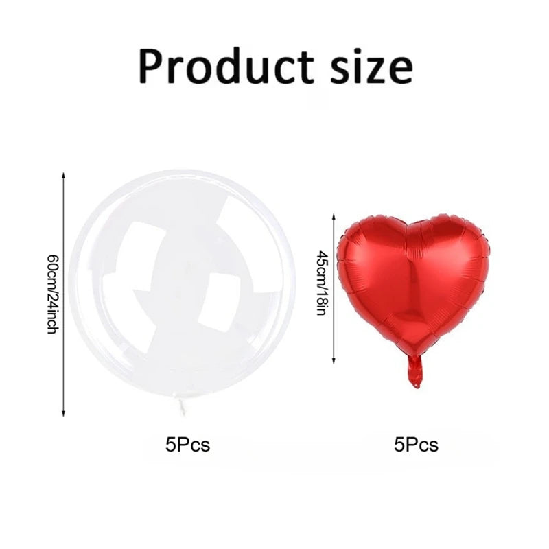 A set of five red heart-shaped foil balloons and bubble balloons for decoration.