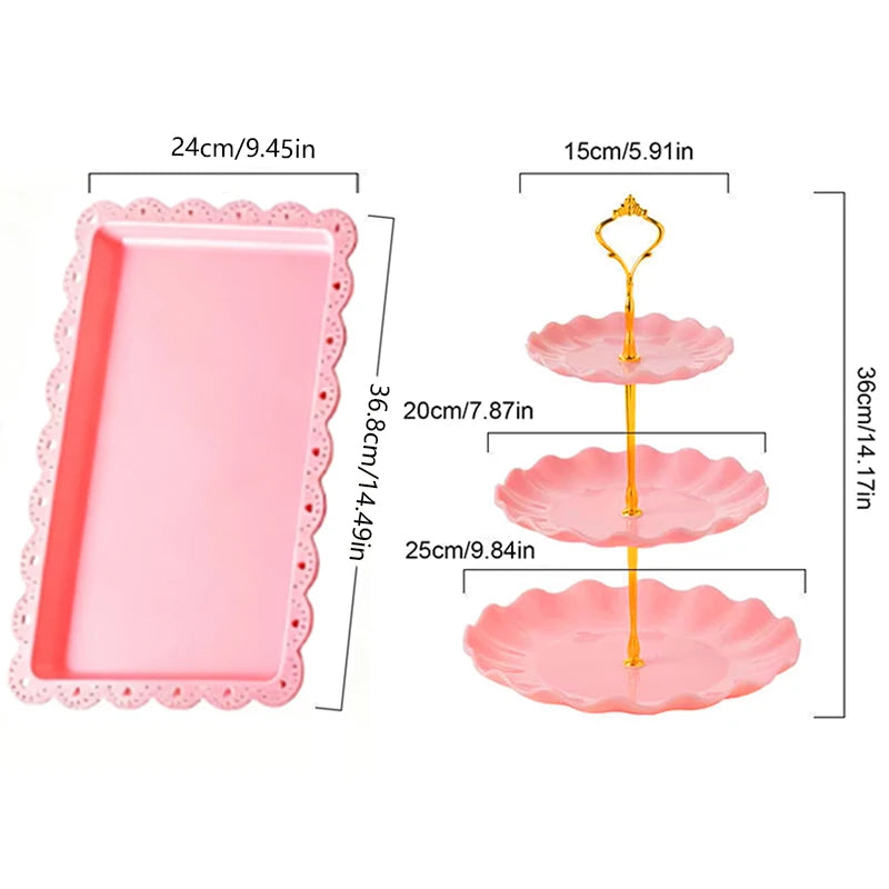 Three-tier pink dessert rack with three saucers and a rectangular plate for tea parties