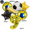 Un set de six ballons de football et de chaussures, jaune et bleu, y compris un ballon et un chiffre neuf.