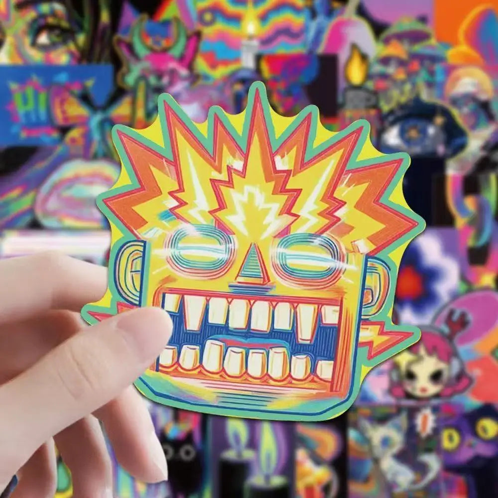 A hand holds a vibrant, spiky, yellow and orange sticker featuring an intense face design against a colorful vaporwave backgr