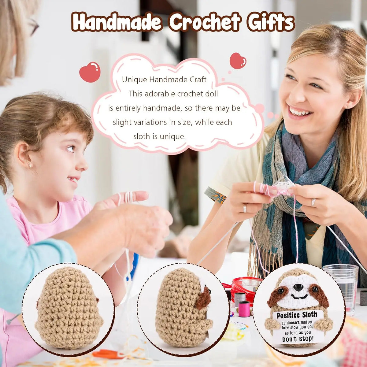 A woman is making a handmade crochet sloth doll with a positive message card, showing the finished product.