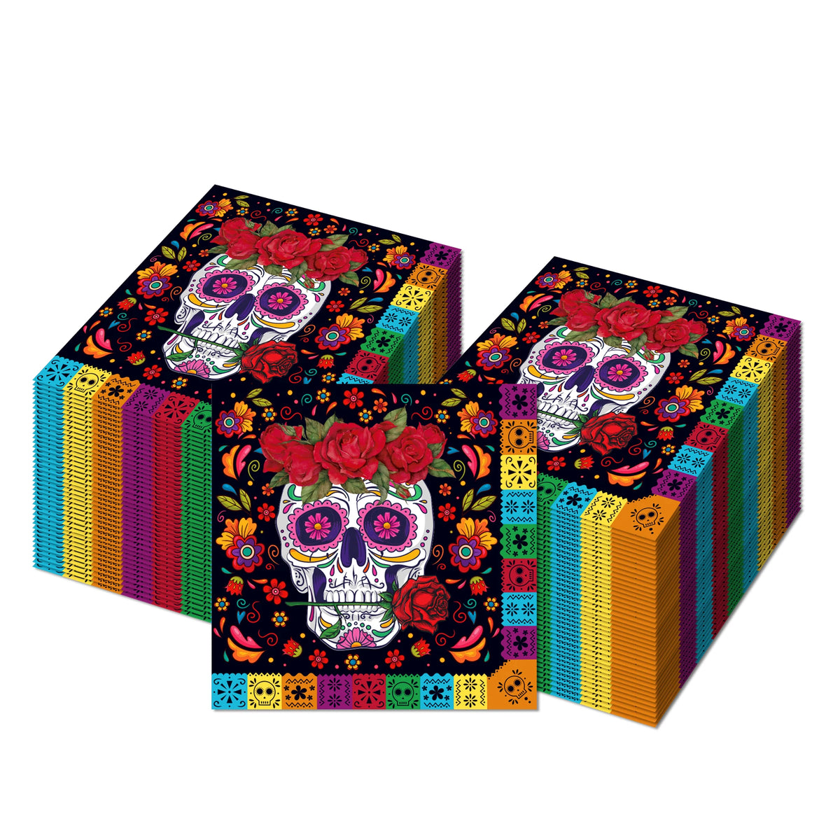 A set of colorful paper napkins featuring Halloween skulls and roses in vibrant floral patterns.