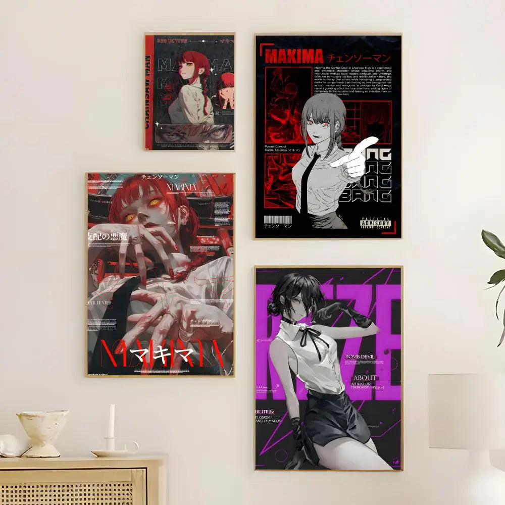 A collection of three posters featuring the Makima character from Chainsaw Man anime art