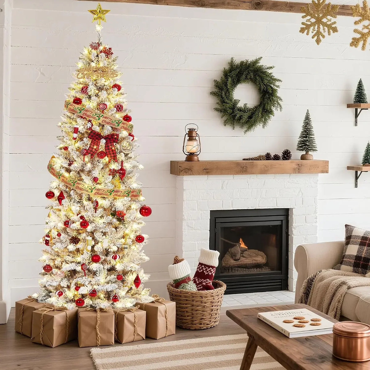 7.5 Ft Pre-Lit Pencil Christmas Tree with LED Lights and Metal Stand