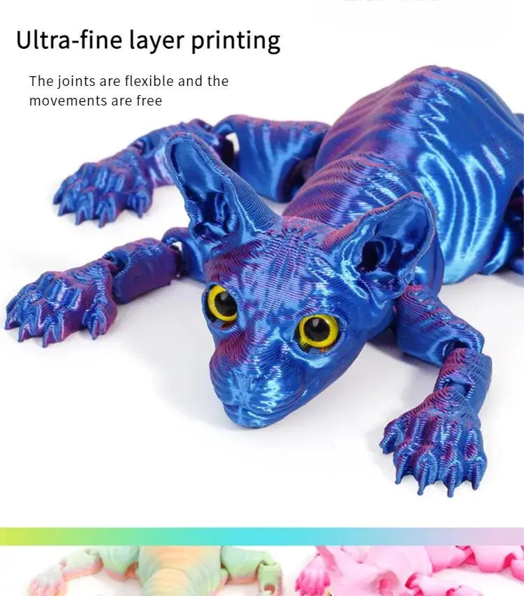 A close-up of a realistic blue Sphynx cat fidget toy with textured skin and flexible joints.