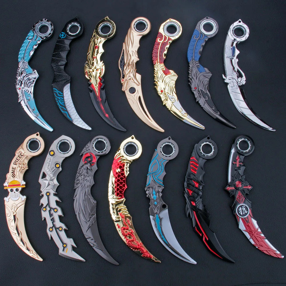 A collection of twelve anime-style blue dragon rotating claw knife models displayed against a dark background.
