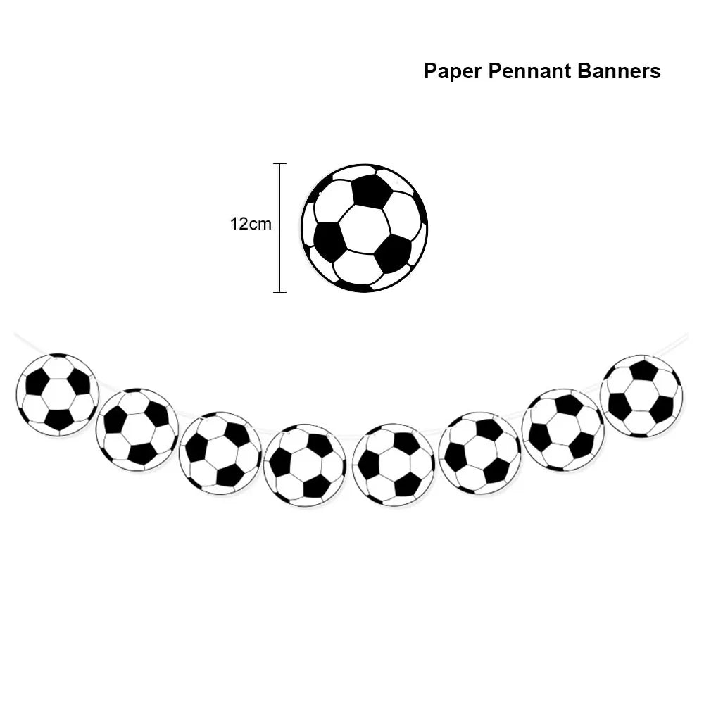 A set of black soccer ball pennant banners for decoration.