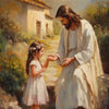 A painting depicting Jesus and a young girl in a rural setting, likely representing the Holy Family.