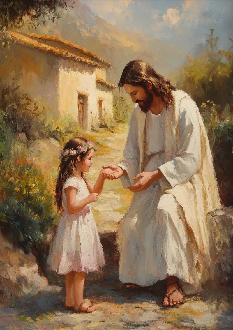 A painting depicting Jesus and a young girl in a rural setting, likely representing the Holy Family.