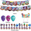 A collection of happy birthday themed products including acrylic banners, balloons, and cupcake toppers.