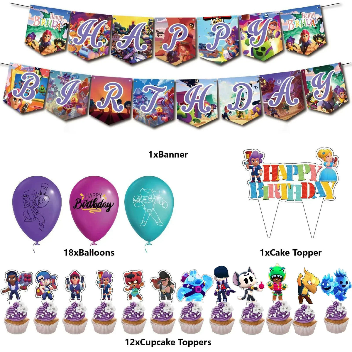A collection of happy birthday themed products including acrylic banners, balloons, and cupcake toppers.