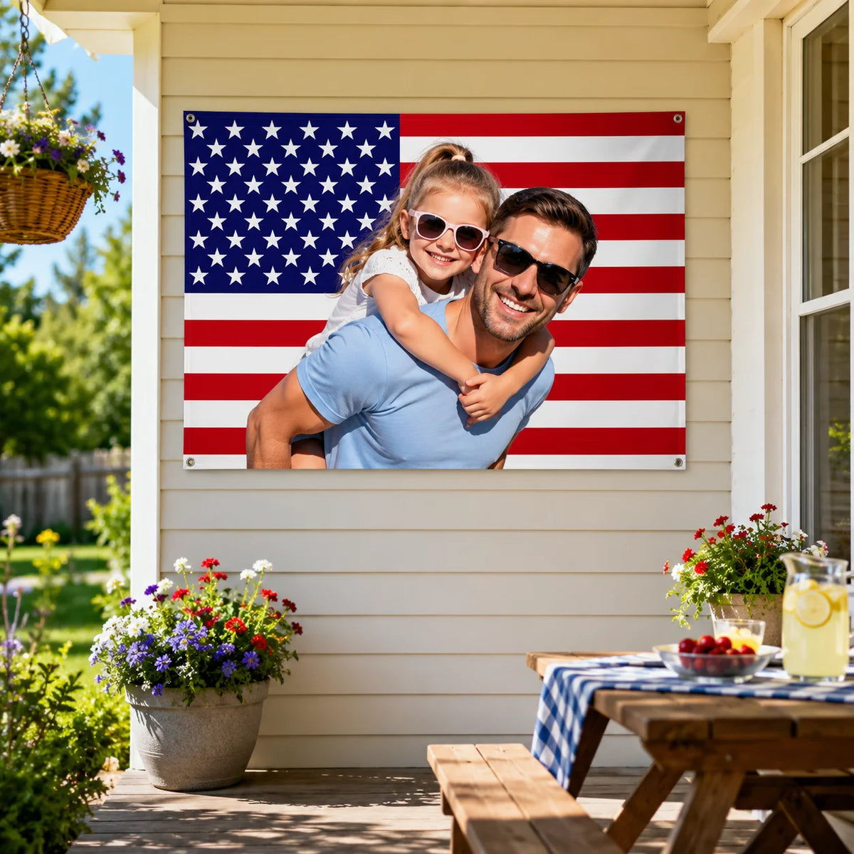 A happy couple smiling while embracing in front of a patriotic American flag backdrop.