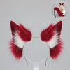 A set of faux fur fox tail and ear costume featuring red and white fur.