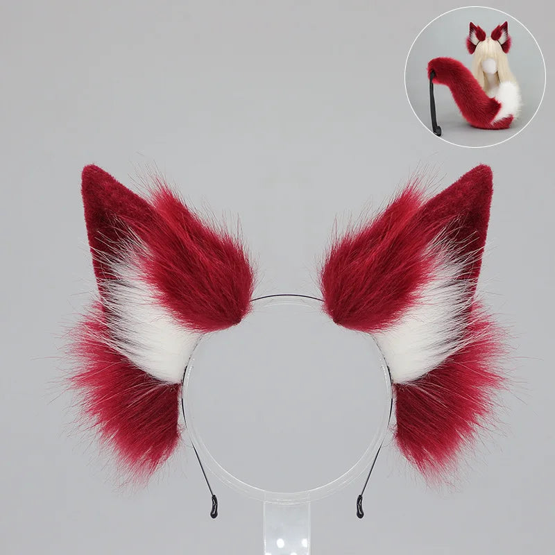 A set of faux fur fox tail and ear costume featuring red and white fur.