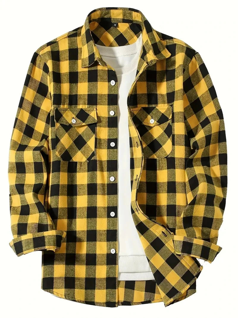 A yellow and black plaid button-up shirt worn by a man.