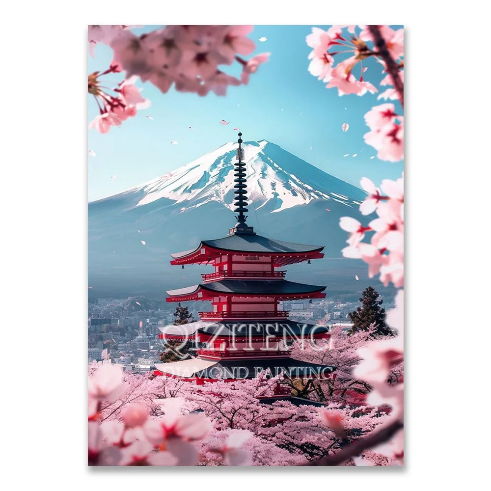 A diamond painting depicts Mount Fuji framed by pink cherry blossoms and traditional Japanese architecture.