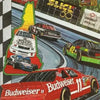A collage of various car models, including a Ford Mustang and a Chevrolet Camaro, displayed on a vintage racing poster.