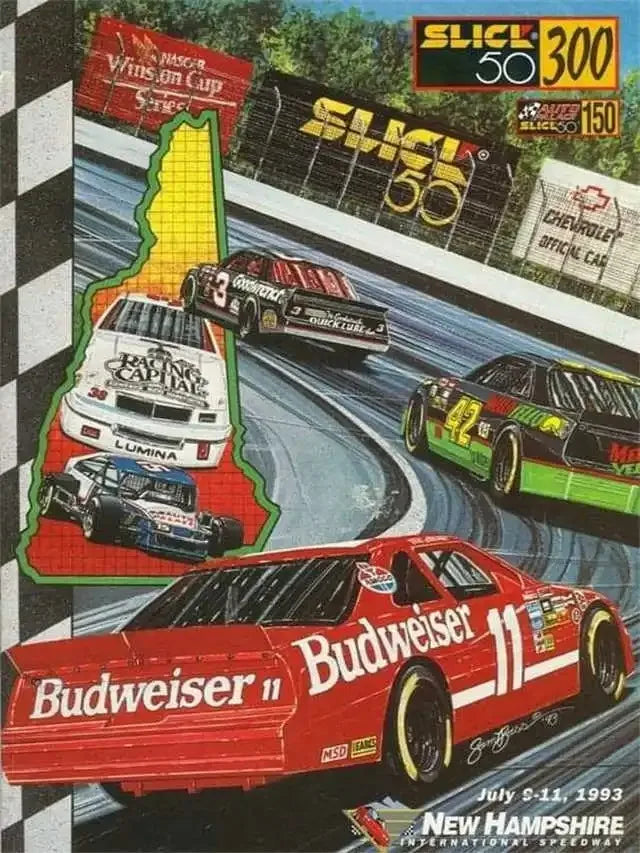 A collage of various car models, including a Ford Mustang and a Chevrolet Camaro, displayed on a vintage racing poster.