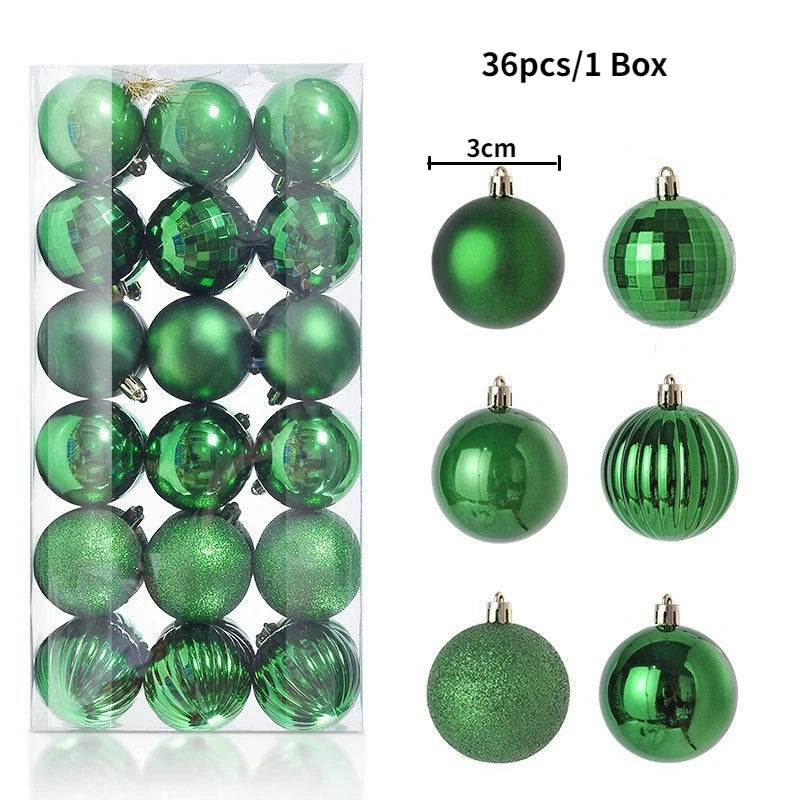 A set of 36 green and iridescent Christmas tree ornament balls packaged in a box.