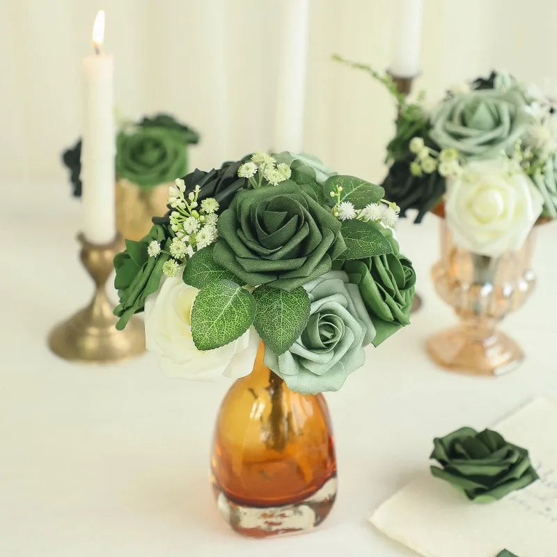 A bouquet of forest green and white foam roses with stems displayed on a wooden vase.