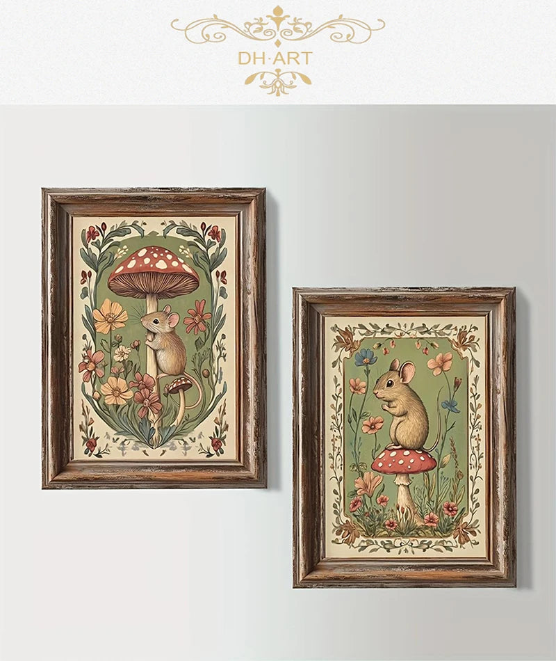 Vintage canvas print featuring woodland mice and mushrooms in an antique wooden frame.