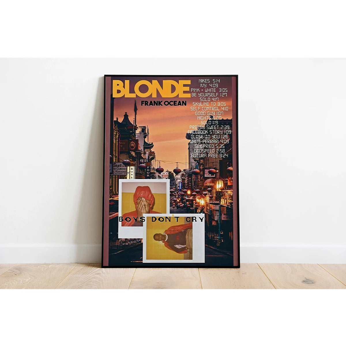 A canvas print featuring the album art for Frank Ocean's Blonde album with text listing various songs and details.
